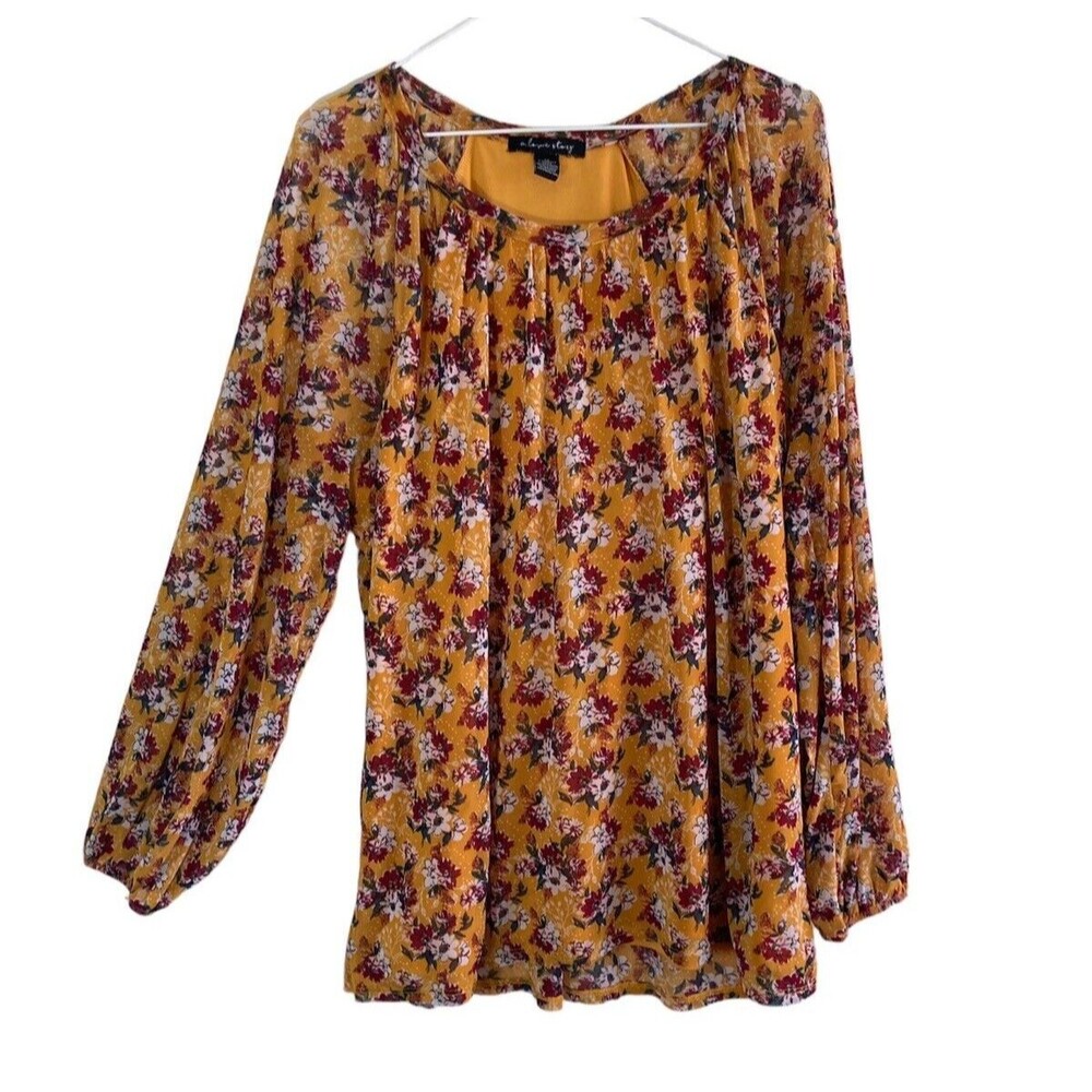 A Love Story Womens BlouseTop 2X Floral Mesh Netting Lined Cottage Peasant Boho